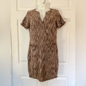 Esley Brown and Orange Tweed Mini Dress Textured Knit Fringe Pockets Size Small